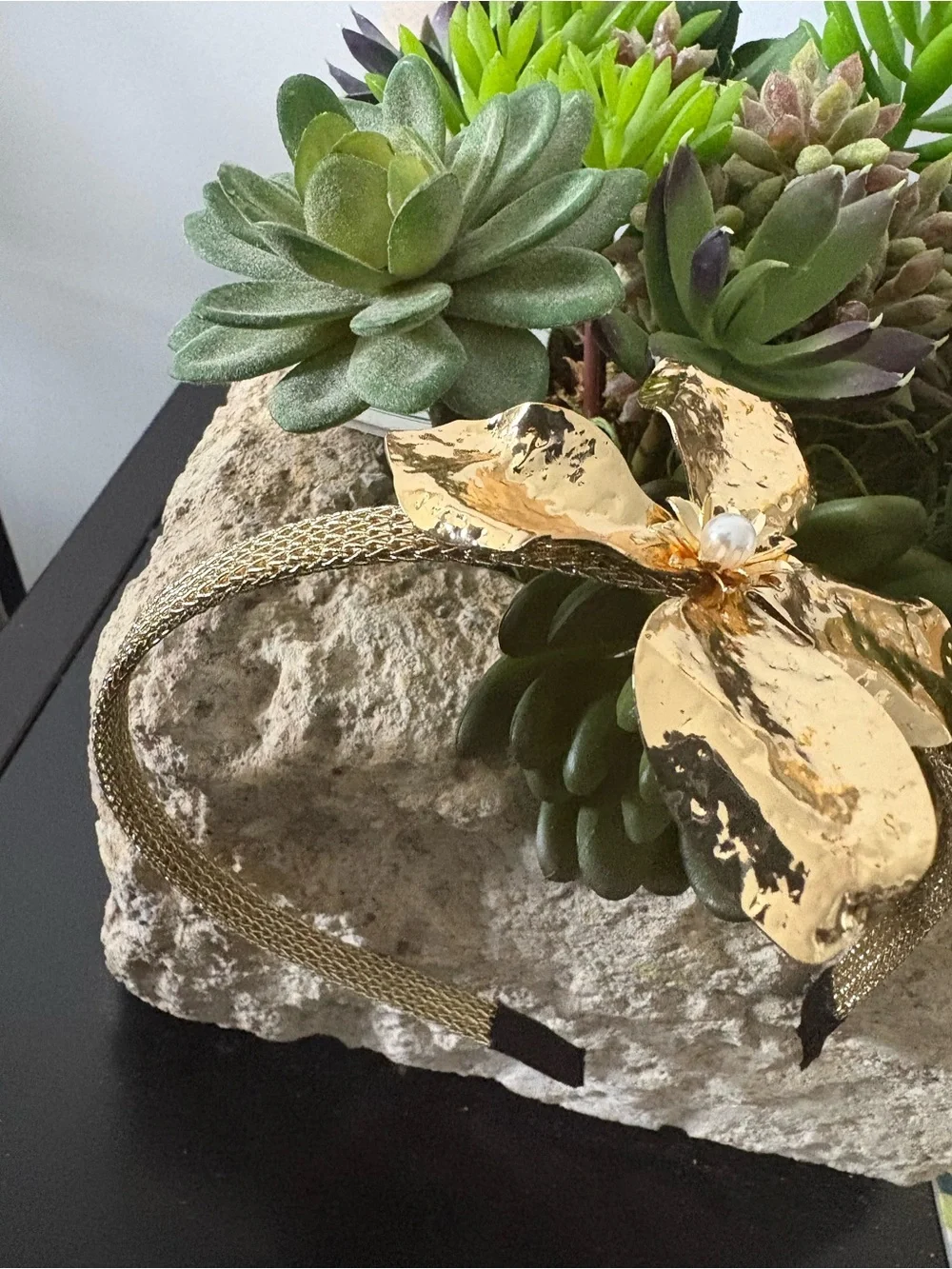 Gold Floral Hammered Metal Headband with Pearl Center